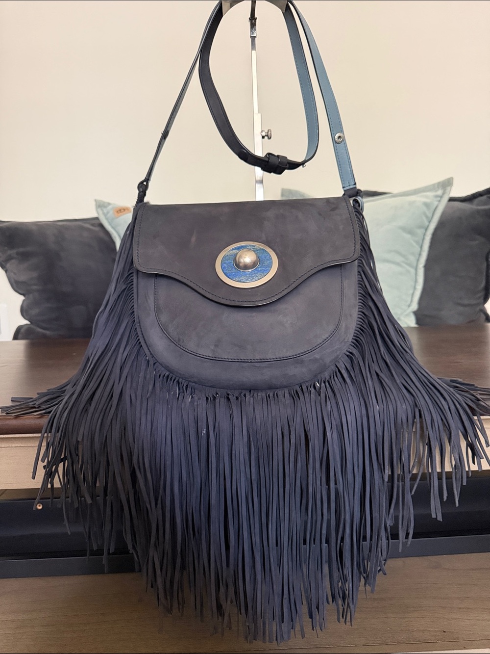 Tory Burch Fringed Suede Crossbody Bag in Dark Blue